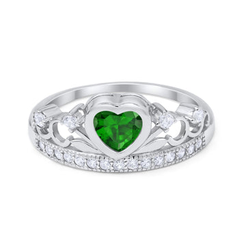 Heart Crown Ring Eternity Simulated Green Emerald CZ 925 Sterling Silver
